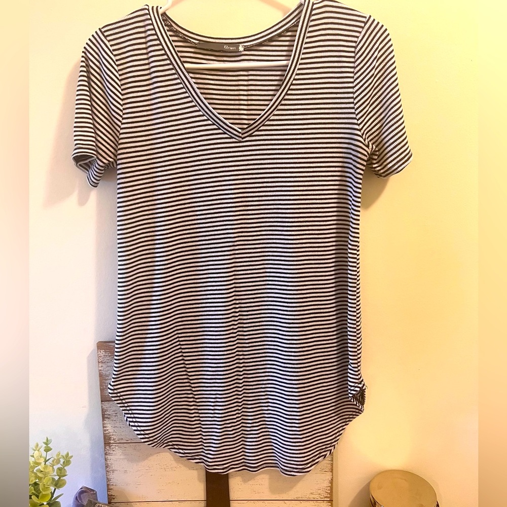 Navy blue and white striped top.  Size large. By Uriert